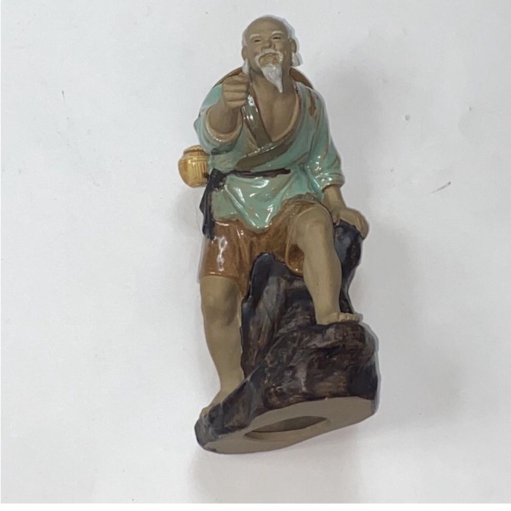 VTG,Shiwan Fishermen Missing Fishing Pole  Ceramic Figurine - Brown and Green